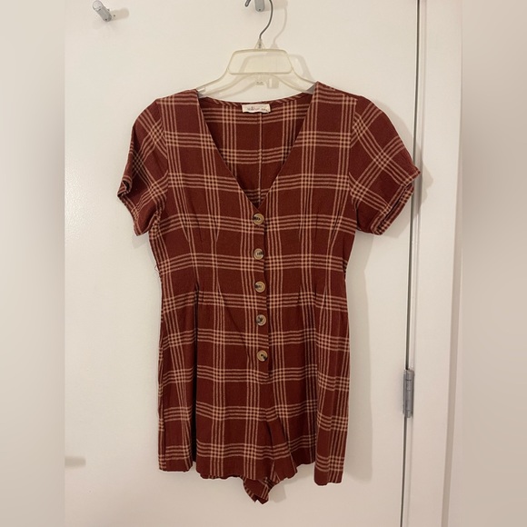 Millibon Maroon and Cream Plaid Button Down Romper - Picture 4 of 5